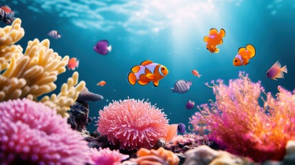 A vibrant coral reef teeming with colorful fish, anemones, and other marine life.