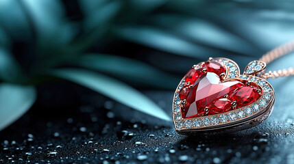 Sticker -   A close-up of a heart-shaped pendant on a chain against a black backdrop with a plant in the background