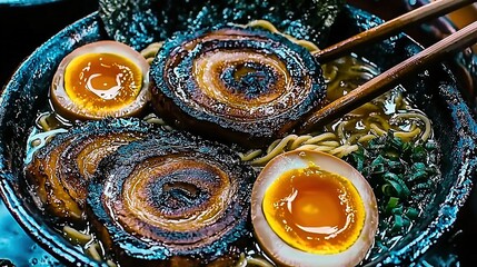 Poster -   A close-up of food in a bowl, accompanied by chopsticks and a side bowl of soup