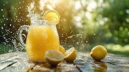 Poster -   A pitcher of orange juice with a lemon slice and water splash on the table