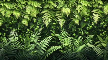 Wall Mural - A lush green wall of ferns and leafy plants with a variety of shapes and textures.