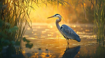 Wall Mural -   A painting of a bird perched on water with reeds in the foreground and a sunset in the backdrop