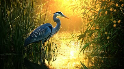 Canvas Print -   A majestic bird perched on water's edge, surrounded by verdant reeds and golden sunlight