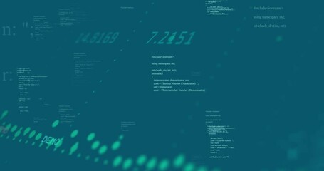 Computer code and binary data processing animation over teal background