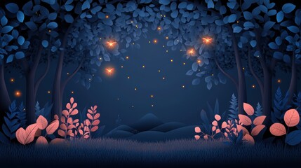 A glowing illustration of a whimsical forest scene with fireflies illuminating the trees and leaves.