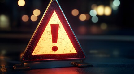 3D rendering of a triangular warning sign with an exclamation mark on a dark background