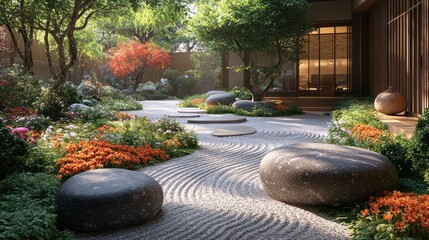 Wall Mural - Japanese Garden with Stone Pathway and Flowerbeds