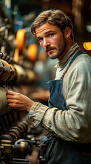 Poster - Textile Mill Worker Overseeing Spinning Machines in Fabric Production Process