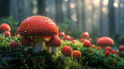 Wall Mural - Red Mushrooms in a Sun-Dappled Forest