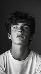 Reflective Youthful Portrait: Black and White Photograph of a Young Man in White T-Shirt Gazing Upwards with Thoughtful Expression