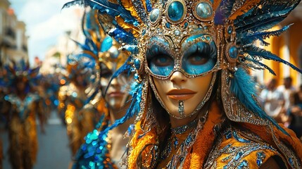 Canvas Print -   A close-up of a person wearing a mask adorned with feathers on their head, surrounded by a crowd