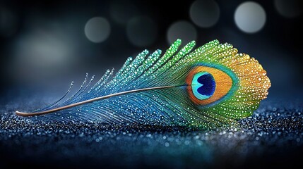 Sticker -   Close-up of a peacock's tail with droplets of water on feathers