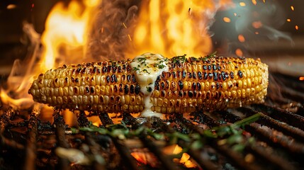 Poster -  Grilled corn on a BBQ with intense flames in the backdrop