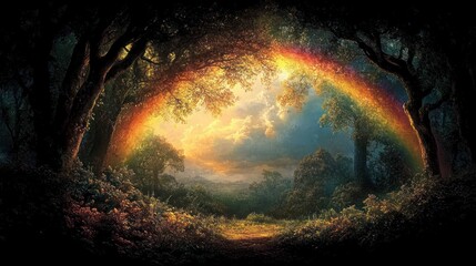 Wall Mural - A Rainbow Archway Through a Dark Forest