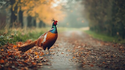 Sticker -   A peacock perched on a roadside amidst a verdant canopy, surrounded by tall trees