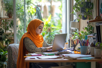 Poster - Young creative entrepreneur working on her laptop from her home office, surrounded by plants