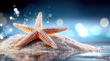 Sticker -   A starfish atop a sand dune near a shimmering waterbody with effervescent bubbles