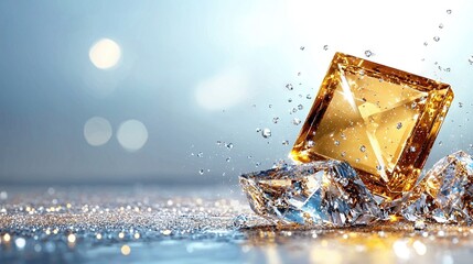 Wall Mural -   Golden diamond surrounded by water on a blue and silver surface with bokets of light in the background