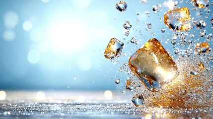 Canvas Print -   A group of ice cubes float atop water-covered ground, set against a backdrop of blue sky