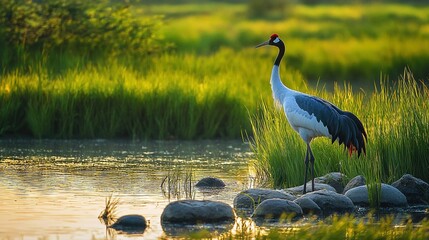 Sticker -   A majestic bird perched atop a lush green field, overlooking a serene body of water with boulders scattered near it