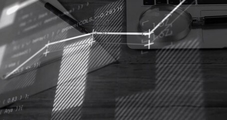 Poster - Mathematical equations and graphs animation over desk with laptop and notebook