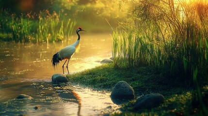 Wall Mural -   A majestic bird perched atop a tranquil water surface, surrounded by a verdant meadow and adjacent body of water