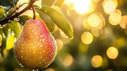 Poster -   A close-up of an apple on a leafy tree branch with water drops glistening, set against a sunny backdrop