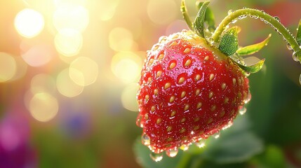 Wall Mural -   A strawberry on a branch with water droplets and a blurry boke of light