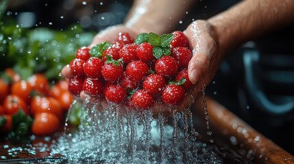 Sticker - Hand Holding Fresh Red Strawberries Under Running Water