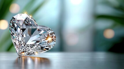 Sticker -   A heart-shaped diamond on a table, against a hazy plant backdrop