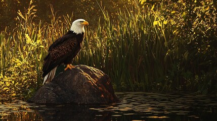 Poster -   A majestic bald eagle perched atop a rocky outcropping, gazing over a serene body of water surrounded by swaying reeds