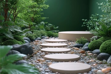 A tranquil Japanese garden with a stone path in 3D rendered minimalist style with empty circle podium.