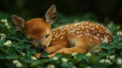 Poster -   A tiny fawn slumbers amidst a sea of green and white blossoms, its eyes shut