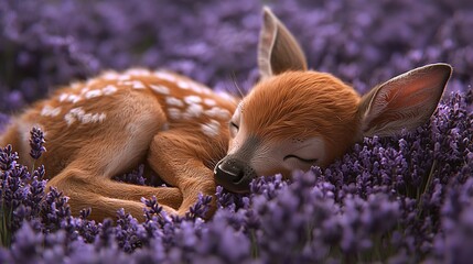 Poster -   A deer sleeps amidst purple blooms, its head reposing on its side