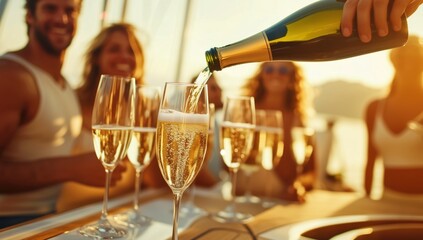 a group of friends on a ship drinks champagne