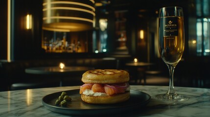   A table with a sandwich on a plate, accompanied by two glasses of wine