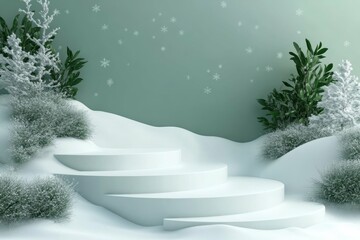 Frozen tundra with snowflakes falling in 3D rendered minimalist style with empty circle podium.