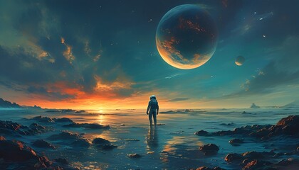 Contemplative Astronaut by Alien Sea Under Planet in Sky, Surreal Sci-Fi Dreamscape of Futuristic Space Exploration at Dawn