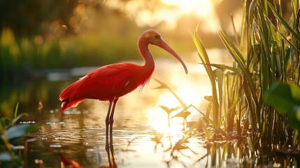 Wall Mural -   A vividly hued avian perched gracefully atop aquatic vegetation amidst lush greenery