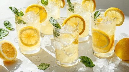 Sticker -   A glass-topped table displaying a pitcher of lemonade with mint garnish and sliced lemons on the side