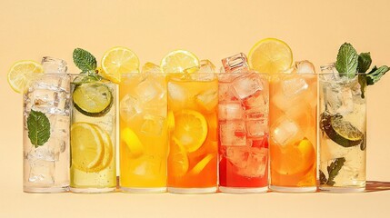 Poster -  A row of colorful glasses filled with assorted beverages and adorned with fresh lemons, limes, and mints