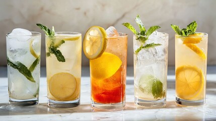 Poster -   A line of glasses containing various beverages and adorned with lemons, limes, and mints