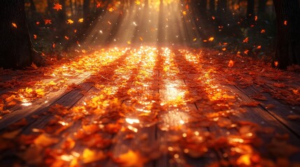 Sticker - Golden Autumn Sunlight Through Falling Leaves on a Wooden Path