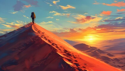 Wall Mural - Majestic sunset hike through red desert sand dunes, capturing the thrill of adventure and the beauty of nature in digital art