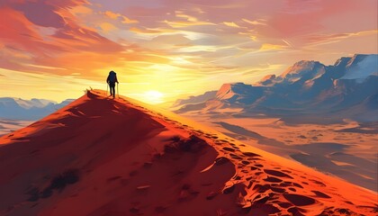 Wall Mural - Majestic sunset hike through red desert sand dunes, capturing the thrill of adventure and the beauty of nature in digital art