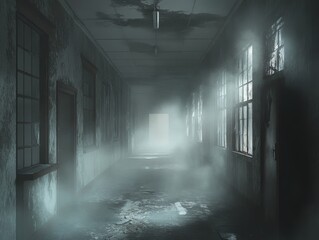 Wall Mural - Foggy and Abandoned Hallway in a Derelict Building