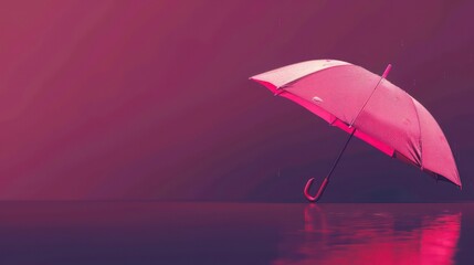 a wet pink umbrella against a dark red background, with reflections on a shiny surface.