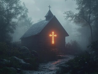 Wall Mural - Stone Chapel with Illuminated Cross in a Foggy Forest