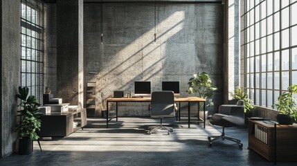 Wall Mural - A modern office with a large window and a potted plant