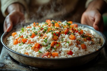 A steaming dish of rice with pumpkin, cilantro, and spices.